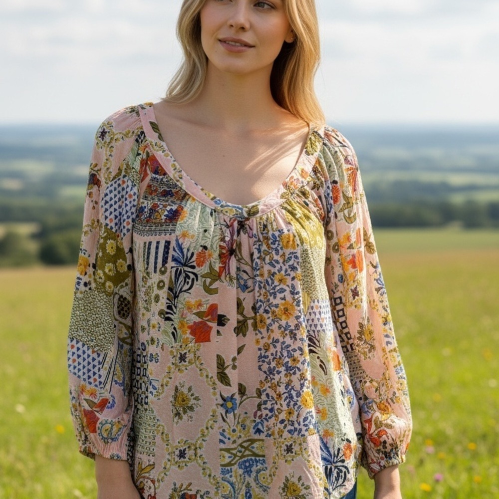 Anthropologie Floral Patchwork Blouse - Pink and Blue